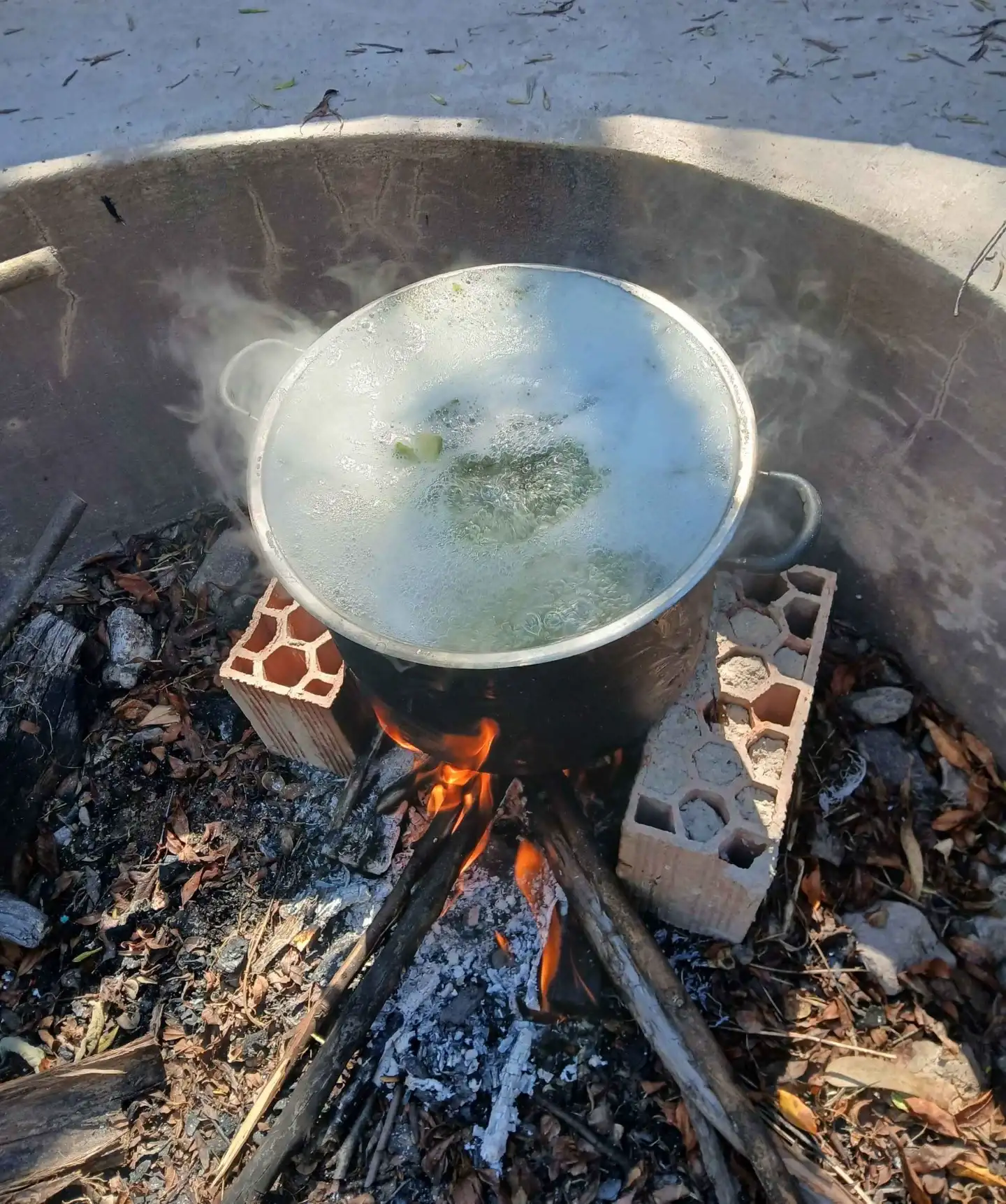 Traditional slow-brewing of wachuma medicine over open fire, Cusco